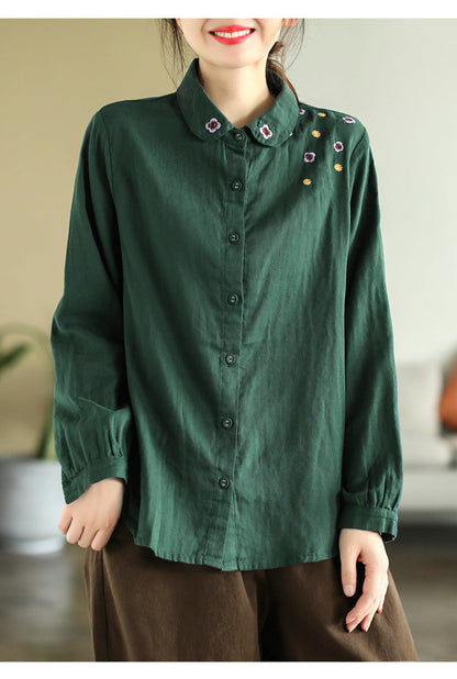 Art Vintage Double Layer Cotton Long Sleeve Floral Embroidery Shirt