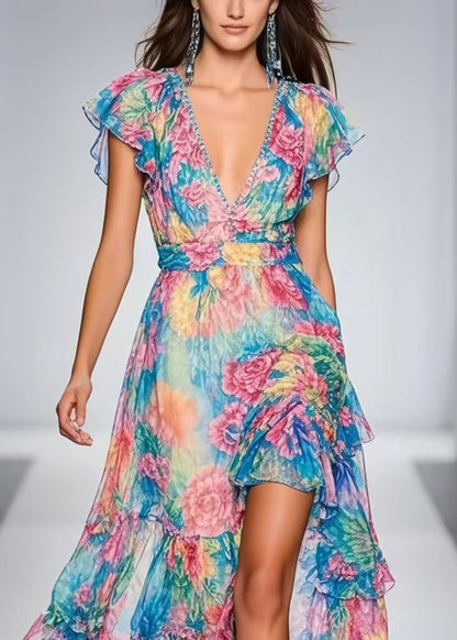 Fashion Blue Floral Print Side Open Chiffon Maxi Dresses Summer
