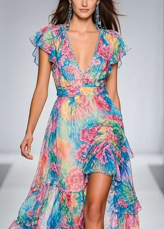 Fashion Blue Floral Print Side Open Chiffon Maxi Dresses Summer