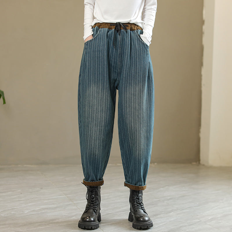 Winter Fashion Patchwork Stripe Furred Harem Jeans