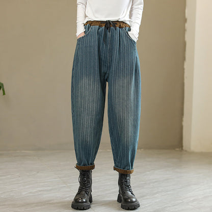 Winter Fashion Patchwork Stripe Furred Harem Jeans
