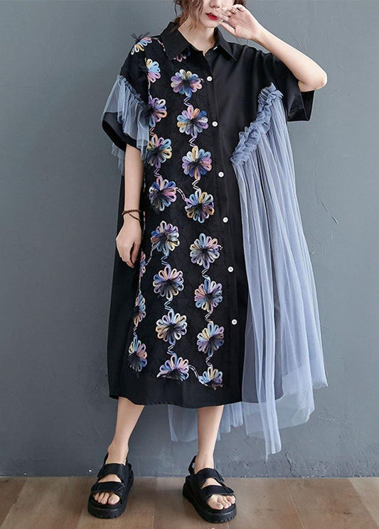Casual Black Patchwork Tulle Peter Pan Collar Summer Button Dresses Half Sleeve