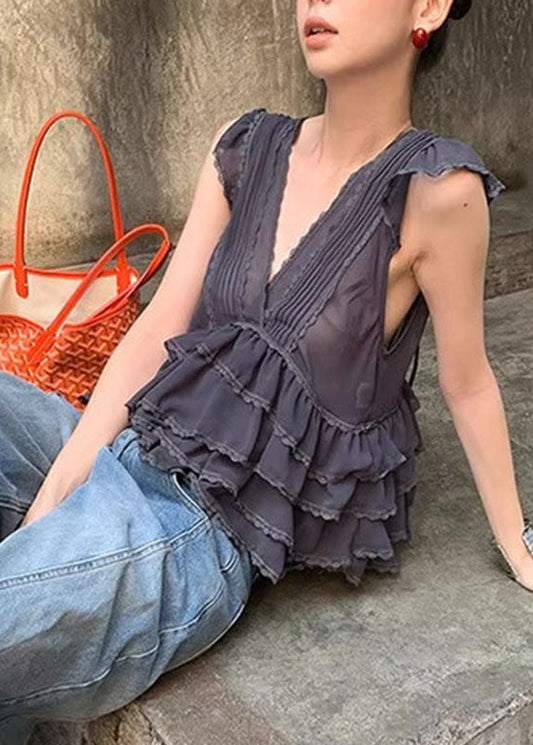 Cute Grey V Neck Ruffled Lace Patchwork Chiffon Vest Summer