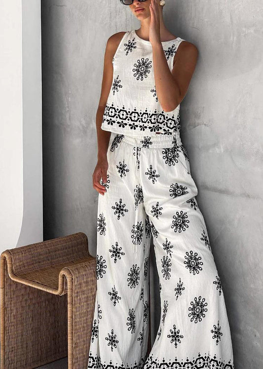 Handmade White Patchwork Vest And Wide Leg Pants Two Pieces Set Sleeveless