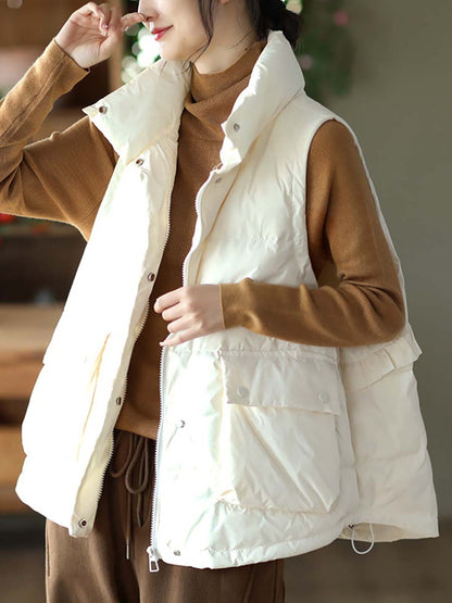 Women Casual Agaric Lace Button Pocket Down Vest