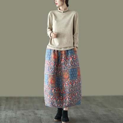 Winter Retro Ethnic Style Cotton Linen Floral Skirt
