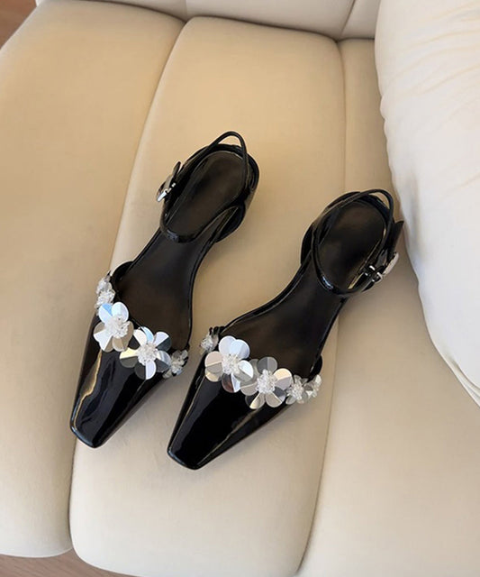 Black Faux Leather Splicing Floral Chunky Sandals