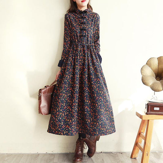 Autumn Winter Retro Floral Plush Thicken Dress