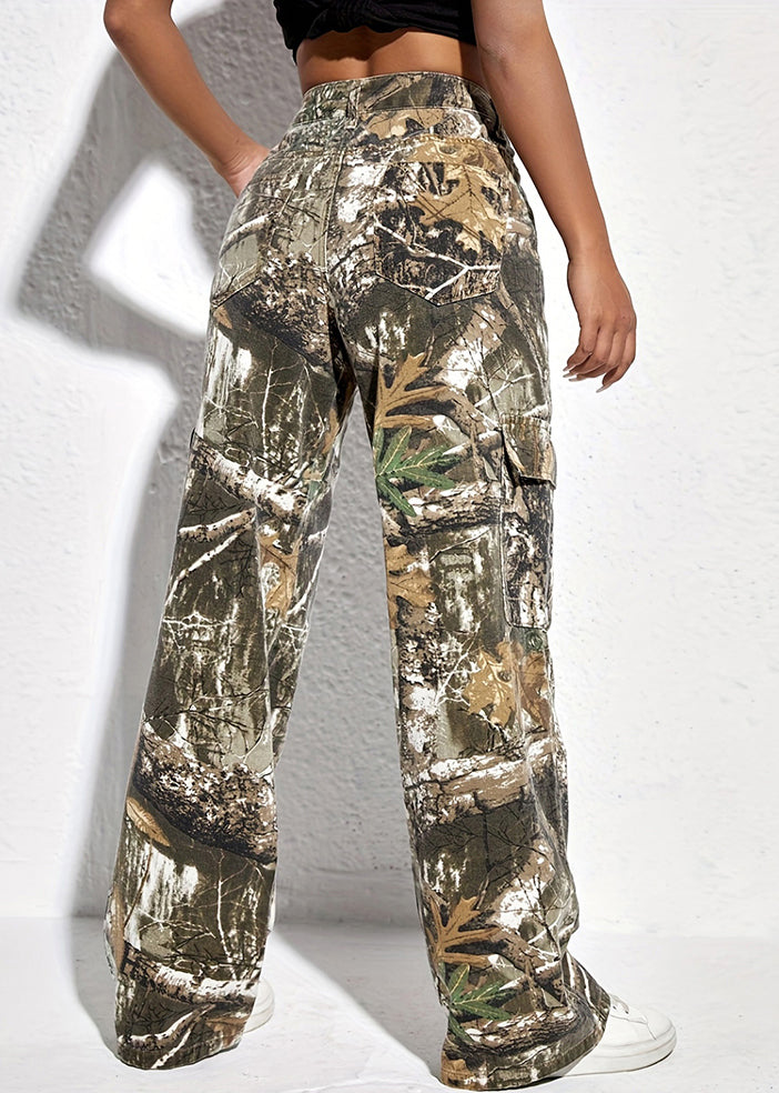 Casual Print Pockets High Waist Cotton Pants Spring