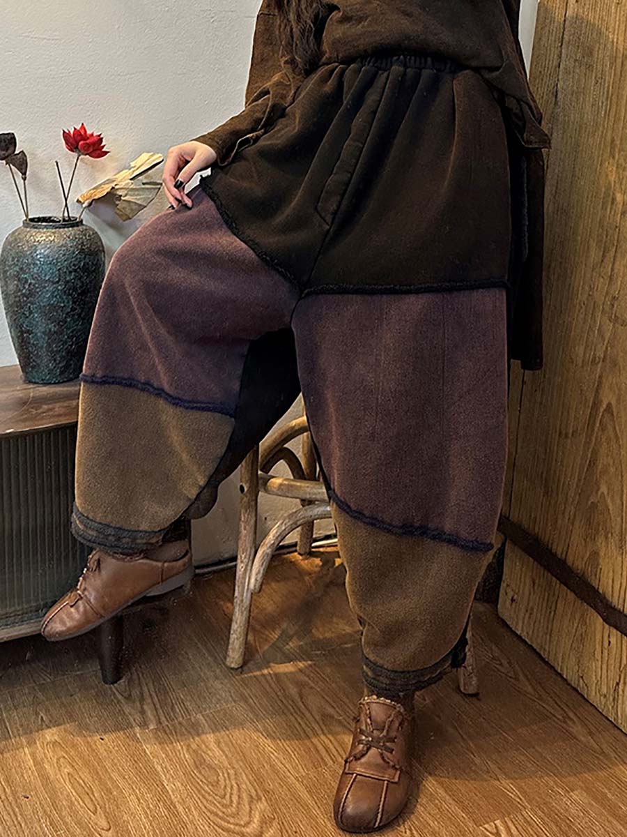 Women Vintage Cotton Elastic Waist Stitching Loose Harm Pants