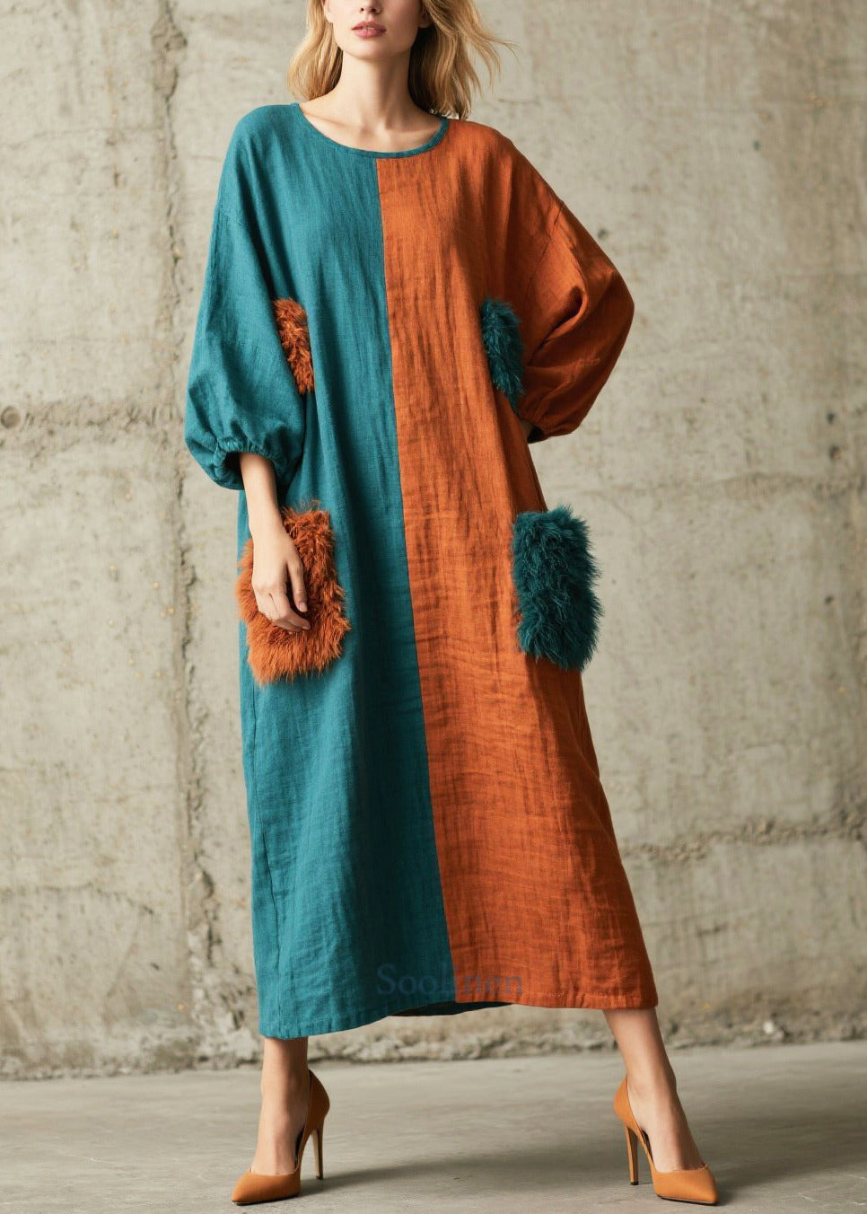DIY Asymmetrical Patchwork Faux Fur Pockets Maxi Dresses Fall