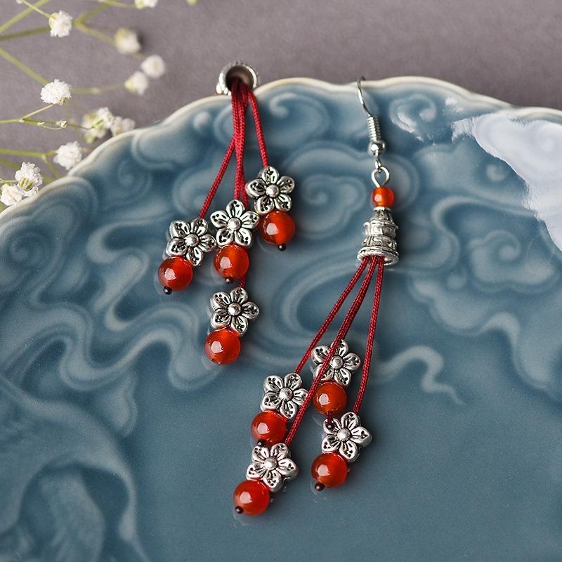 Vintage Miao Silver Red Bead Glass Earrings