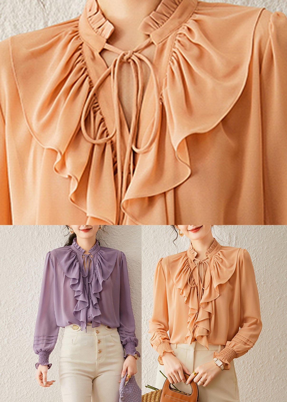 Beautiful Orange Stand Collar Tops Lantern Sleeve
