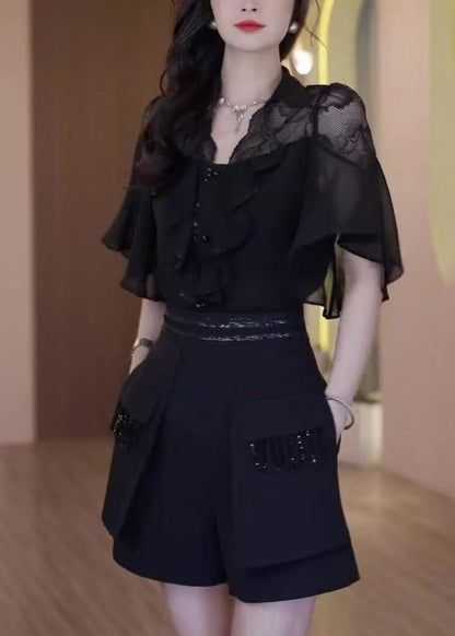 Chic Black Ruffled Lace Patchwork Two Piece Set Outfits Summer