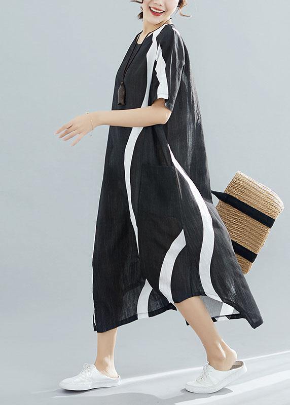 Chic black striped Chiffon quilting clothes o neck asymmetric Kaftan summer Dress