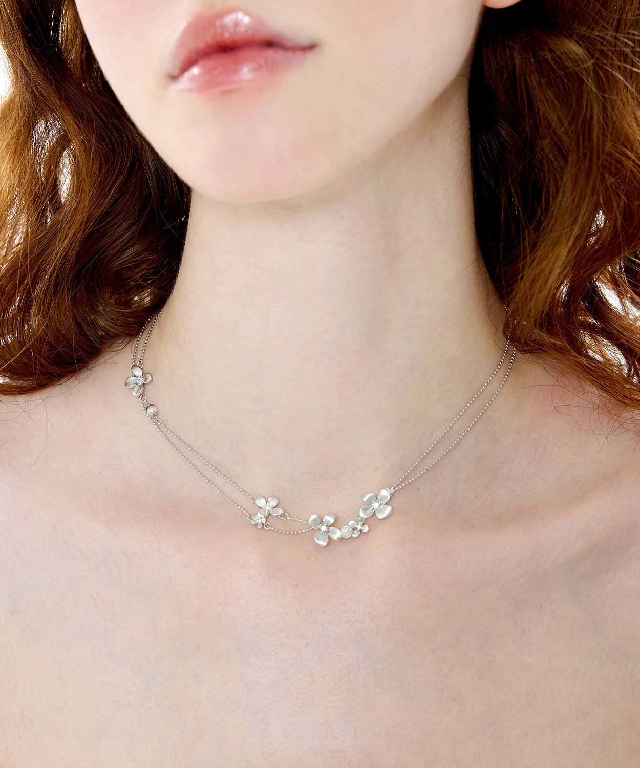 Women Silver Floral Double Layer Chain Copper Choker