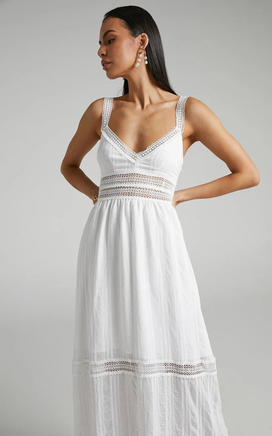 Angelique Maxi Dress - Lace Trim Dress In White