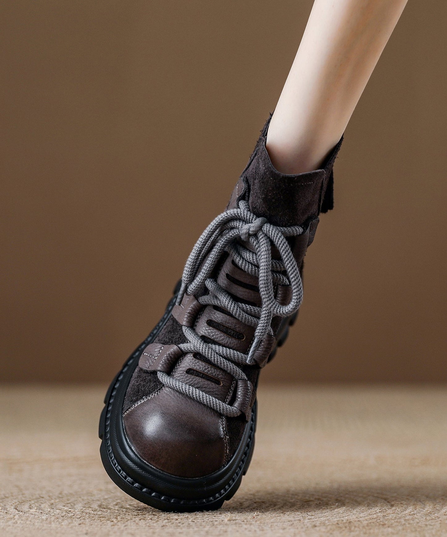 Grey Platform Suede Women Splicing Lace Up Boots