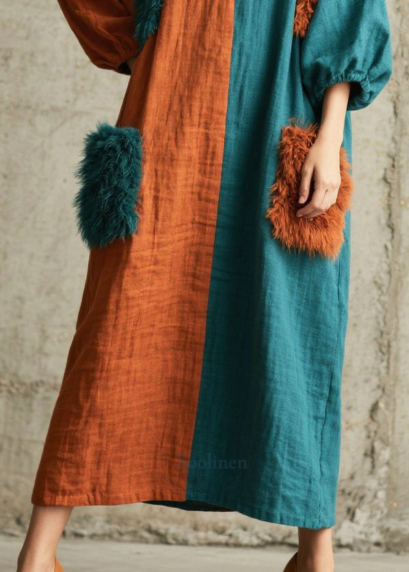 DIY Asymmetrical Patchwork Faux Fur Pockets Maxi Dresses Fall