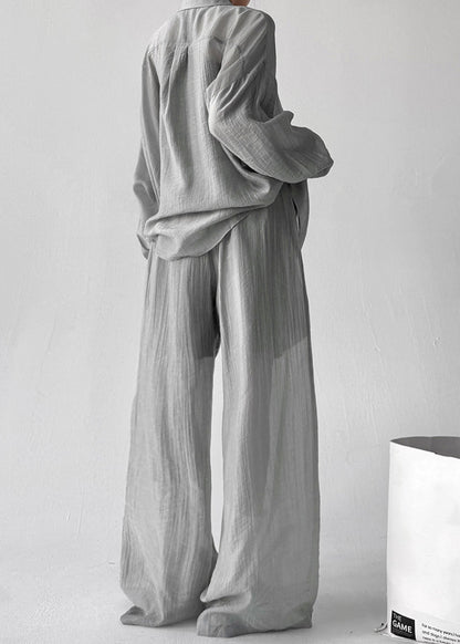 Grey Shirts And Pants Cotton Fall Two Pieces Set Elastic Waist