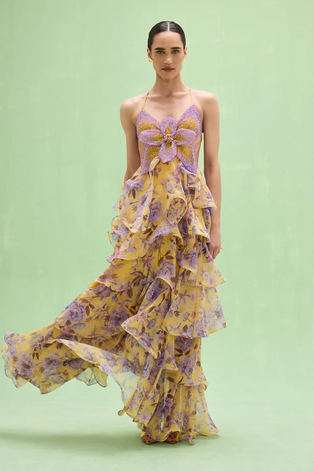 Floral Butterfly Beaded Tiered Ruffle Maxi Dress