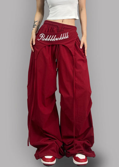 Modern Red Asymmetrical Elastic Waist Cotton Pants Fall