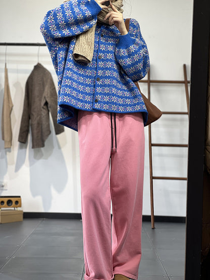 Knit Lazy Single-Breasted Jacquard Thermal Cardigan Sweater