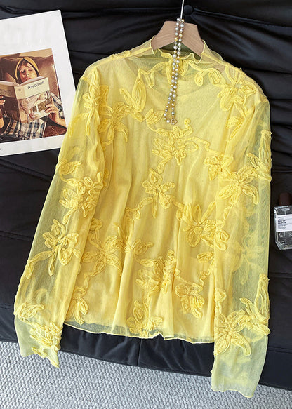 Slim Fit Yellow Embroidered Solid Tulle T Shirt Fall