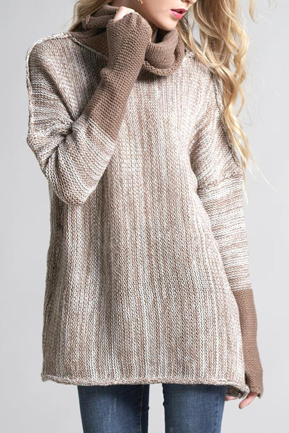 Spliced Turtleneck Loose Pullover Sweater - Black