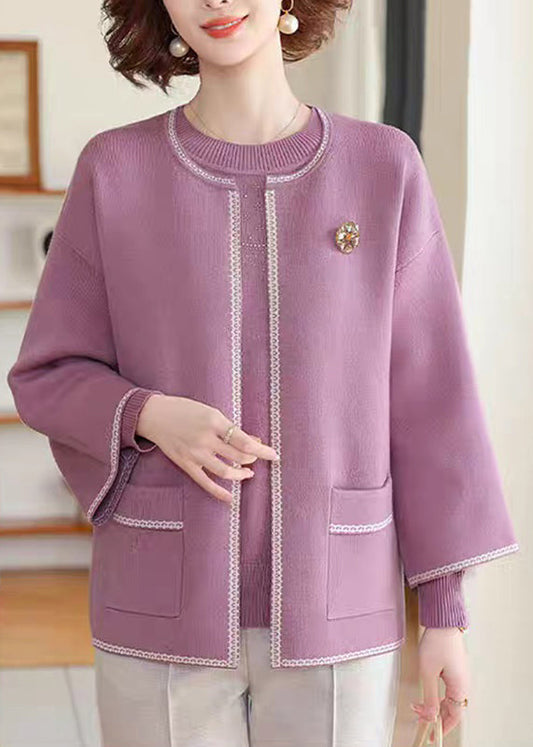 Natural Purple Patchwork Pockets Cotton Knit Cardigans And Sweater Two-Piece Set Fall