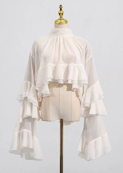 Women Beige Hign Neck Ruffled Patchwork Tulle Top Flare Sleeve