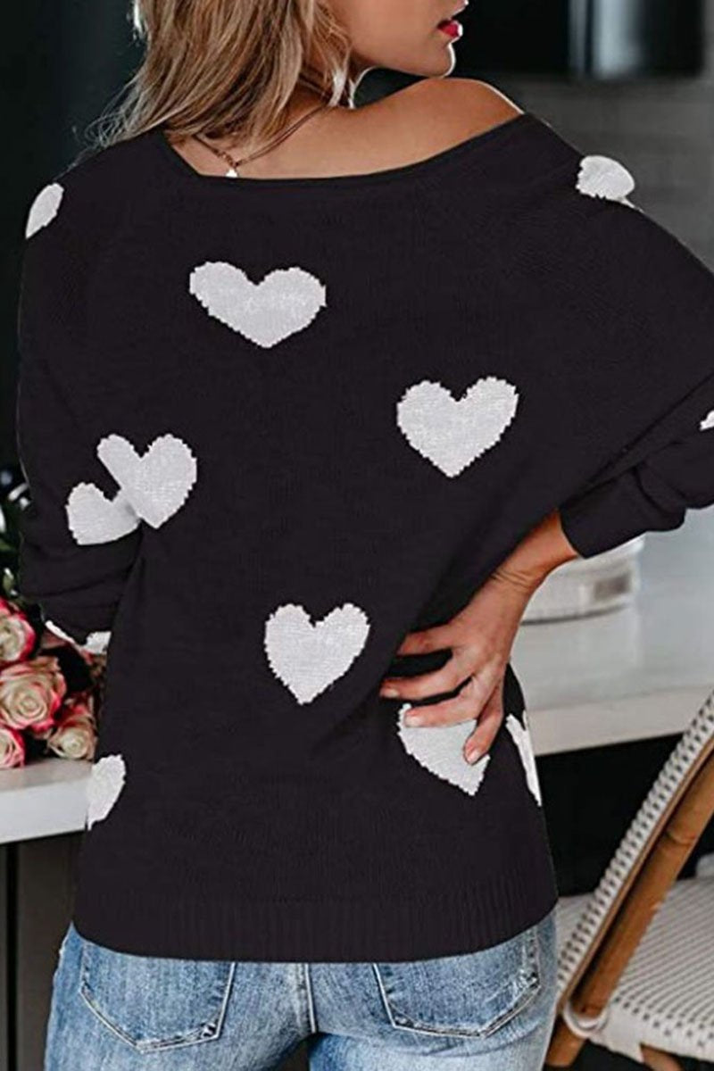 Heart Print V-Neck Knitted Sweater