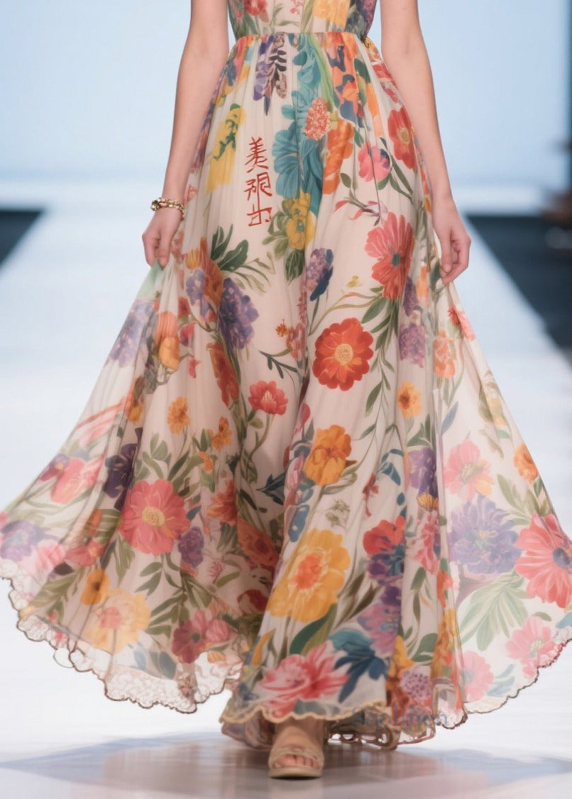 Bohemian Apricot Print Exra Large Hem Chiffon Strapless Dress Summer