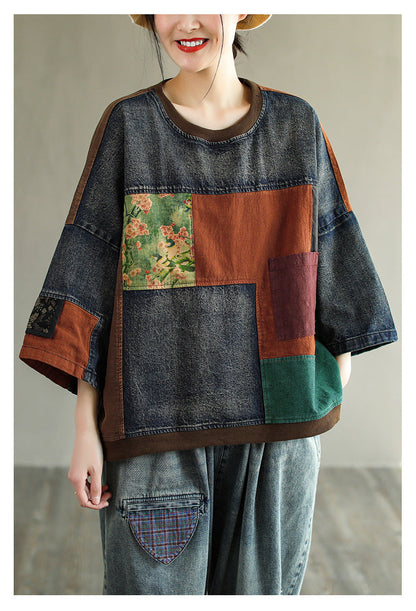 Vintage Plus Size Print Denim Panel Doll Sleeve T-Shirt