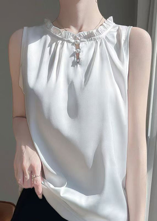 Boutique White Ruffled Button Silk Shirts Sleeveless