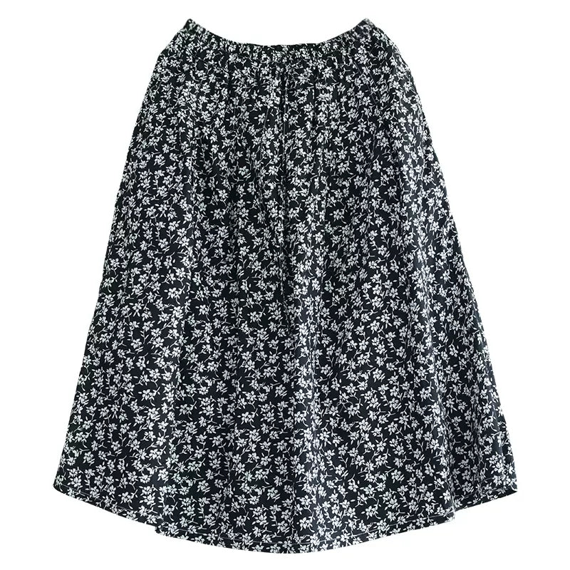 Women Cozy Retro Black Floral Cotton A-Line Skirt