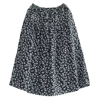 Women Cozy Retro Black Floral Cotton A-Line Skirt