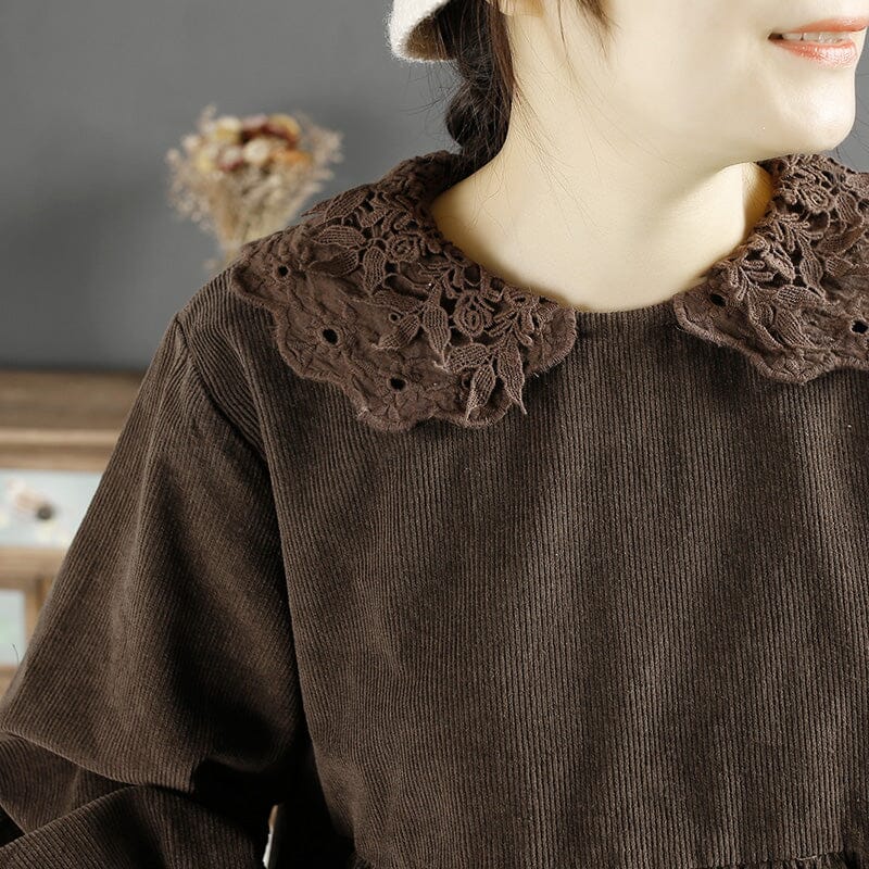 Autumn Winter Loose Corduroy Lace Patchwork Sweater