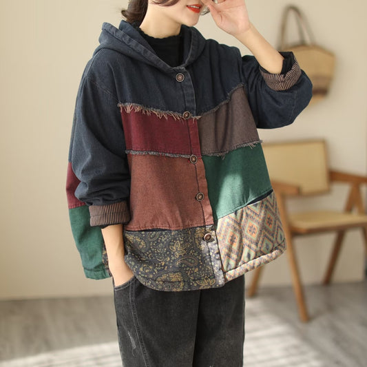 Padded Thick Loose Vintage Colorblock Denim Jacket