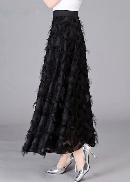 Elegant Black Tasseled Patchwork High Waist Chiffon Skirt Spring