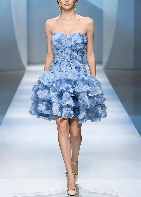 Classy Blue Cold Shoulder Floral Tulle Mid Dress Summer