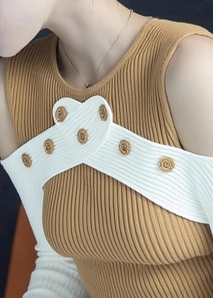 Slim Fit Yellow Cold Shoulder Patchwork Knit Sweaters Fall