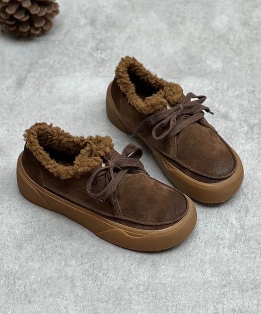 Coffee Flats Lace Up Flat Shoes For Women Fuzzy Wool Lined