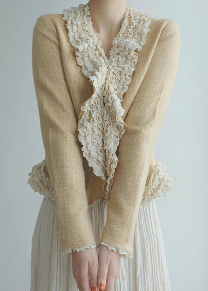 Women Yellow Ruffled Patchwork Cotton Jacket Fall