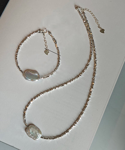 Chic Silver Asymmetric Pearl Adjustable Two Piece Set Pendant Necklace