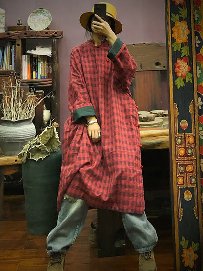 Women Stand Collar Button Cotton Robe Dress