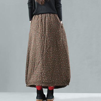 Retro Cotton Linen Quilted Thick Print Floral Skirt