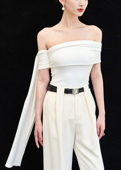 Slim Fit White Slash Neck Solid Cotton Tops Sleeveless