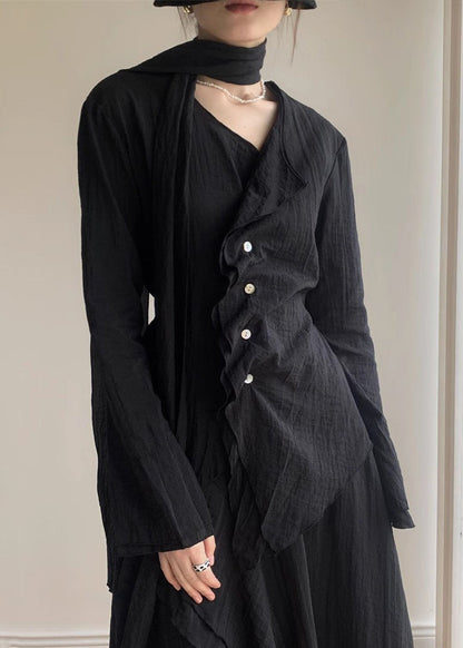 Casual Black V Neck Shirt And A Line Skirts Two Piece Set Spring