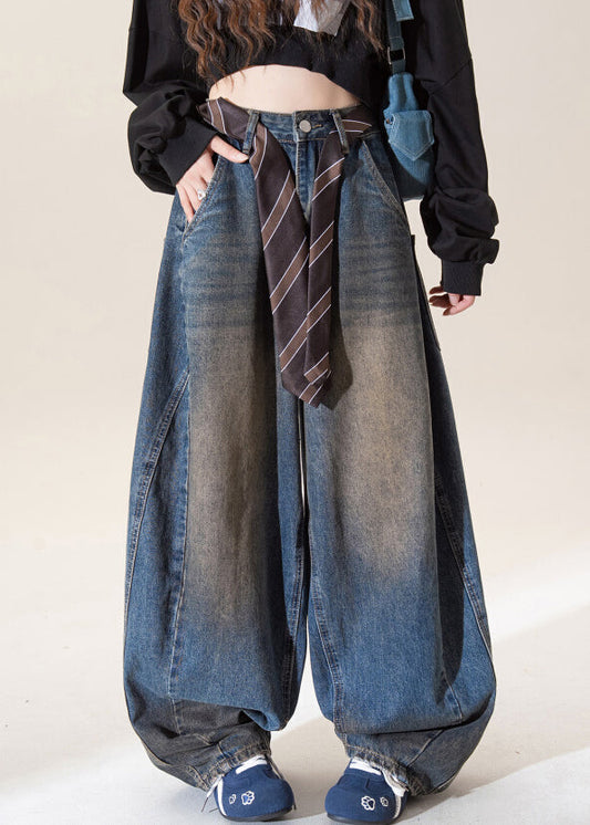Vintage Dark Blue High Waist Pockets Wide Leg Jeans Fall